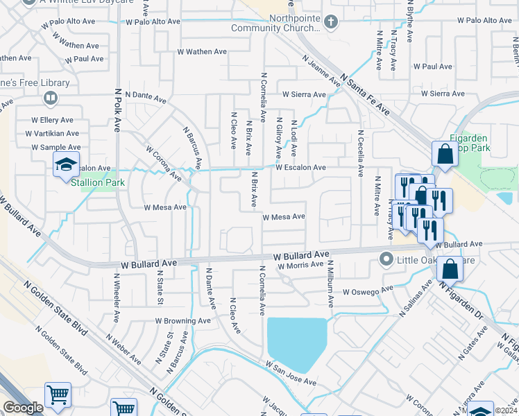 map of restaurants, bars, coffee shops, grocery stores, and more near 6202 North Brix Avenue in Fresno