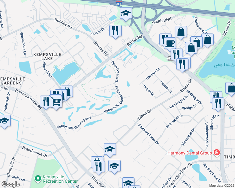map of restaurants, bars, coffee shops, grocery stores, and more near 4724 Kempsville Greens Parkway in Virginia Beach