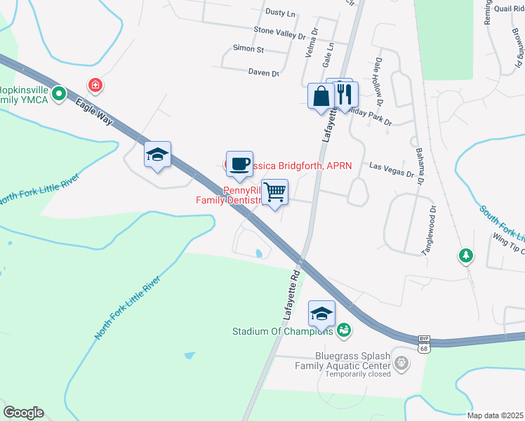 map of restaurants, bars, coffee shops, grocery stores, and more near 100 Turtle Creek Drive in Hopkinsville