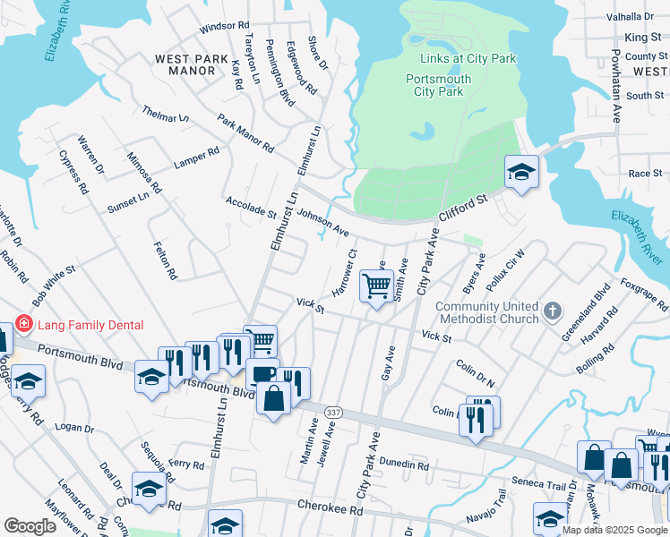 map of restaurants, bars, coffee shops, grocery stores, and more near 115 Maurice Avenue in Portsmouth
