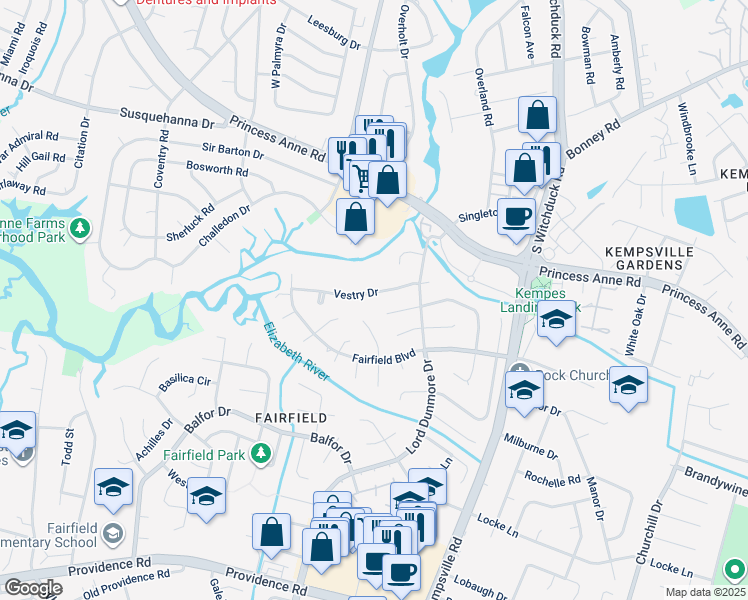 map of restaurants, bars, coffee shops, grocery stores, and more near 5263 Vestry Drive in Virginia Beach