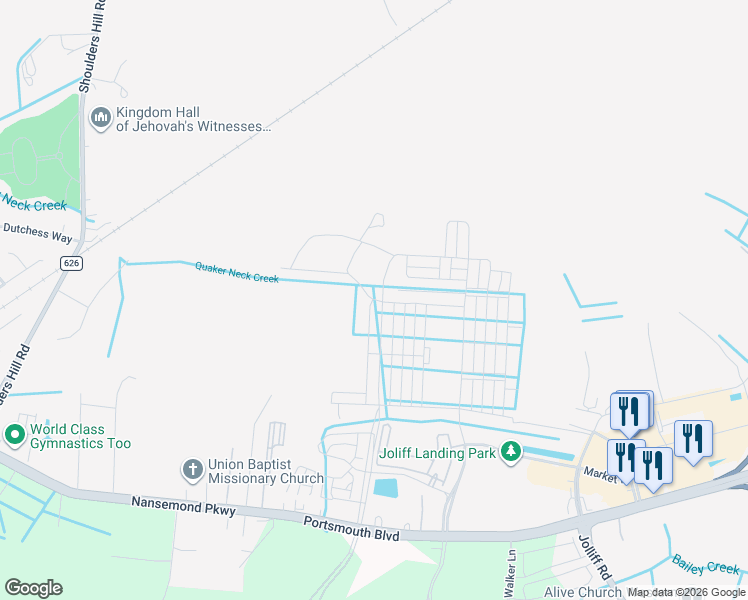 map of restaurants, bars, coffee shops, grocery stores, and more near 5223 Corolla Drive in Chesapeake