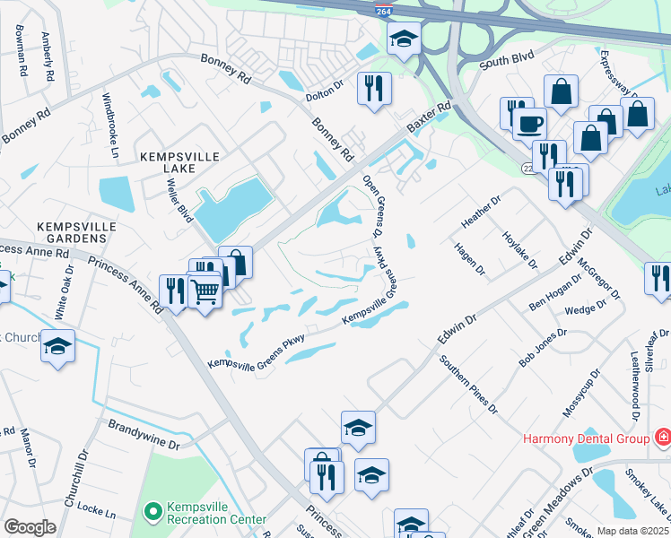 map of restaurants, bars, coffee shops, grocery stores, and more near 617 Pinnacle Drive in Virginia Beach