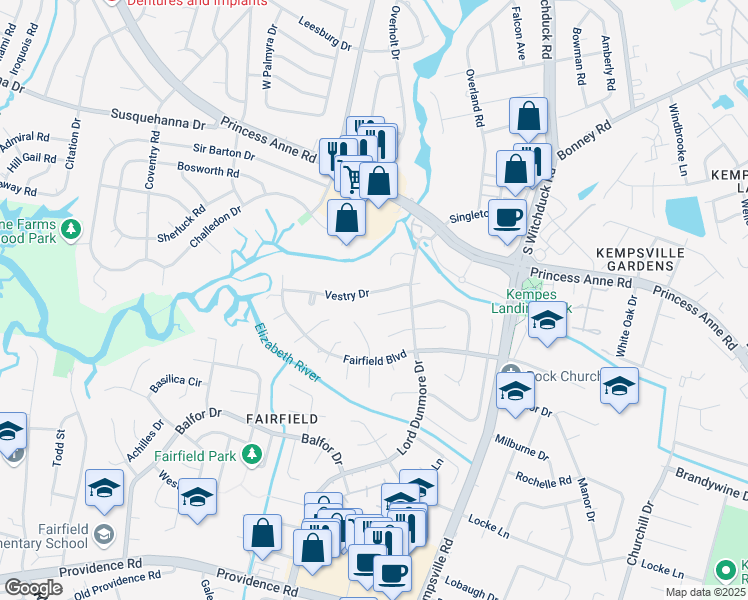 map of restaurants, bars, coffee shops, grocery stores, and more near 5254 Vestry Drive in Virginia Beach