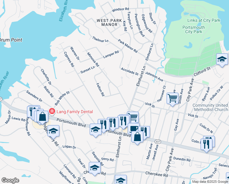 map of restaurants, bars, coffee shops, grocery stores, and more near 2 Felton Road in Portsmouth