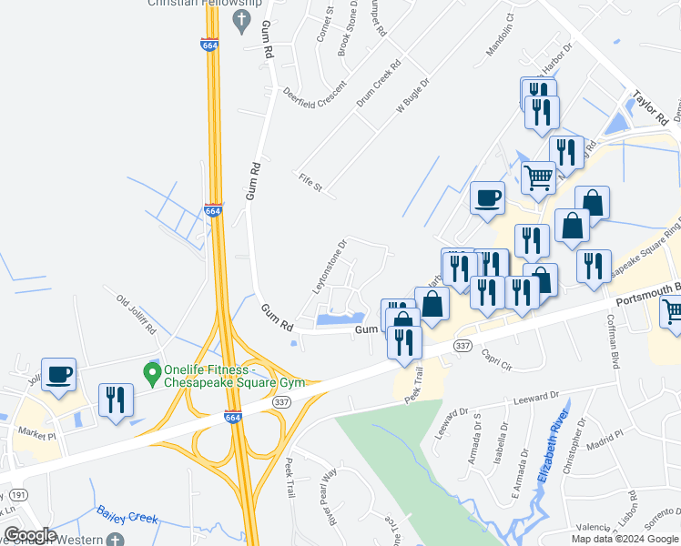 map of restaurants, bars, coffee shops, grocery stores, and more near 2508 Leytonstone Drive in Chesapeake