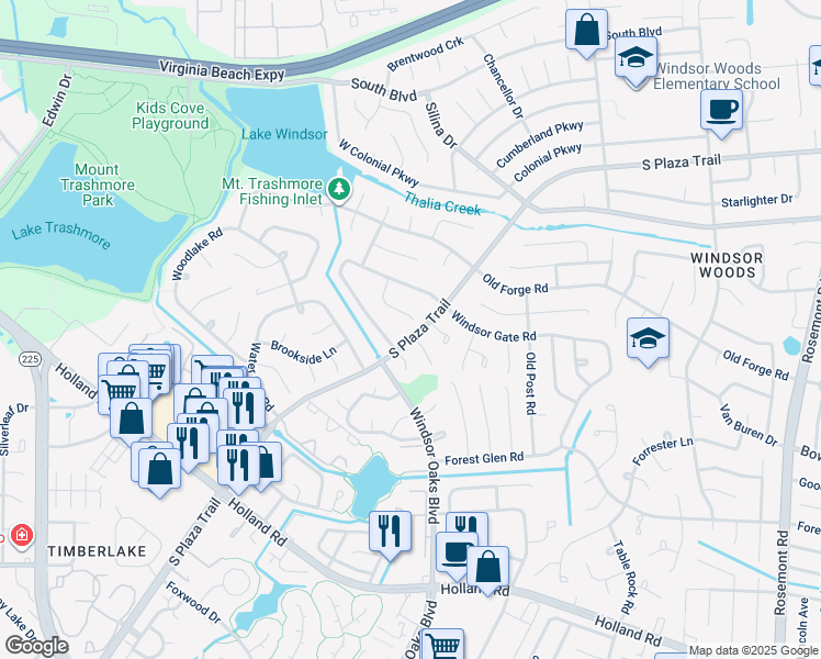 map of restaurants, bars, coffee shops, grocery stores, and more near 537 Windsor Gate Circle in Virginia Beach