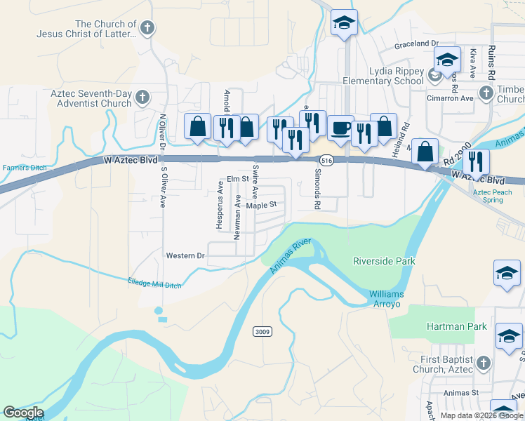 map of restaurants, bars, coffee shops, grocery stores, and more near 1624 Maple Street in Aztec