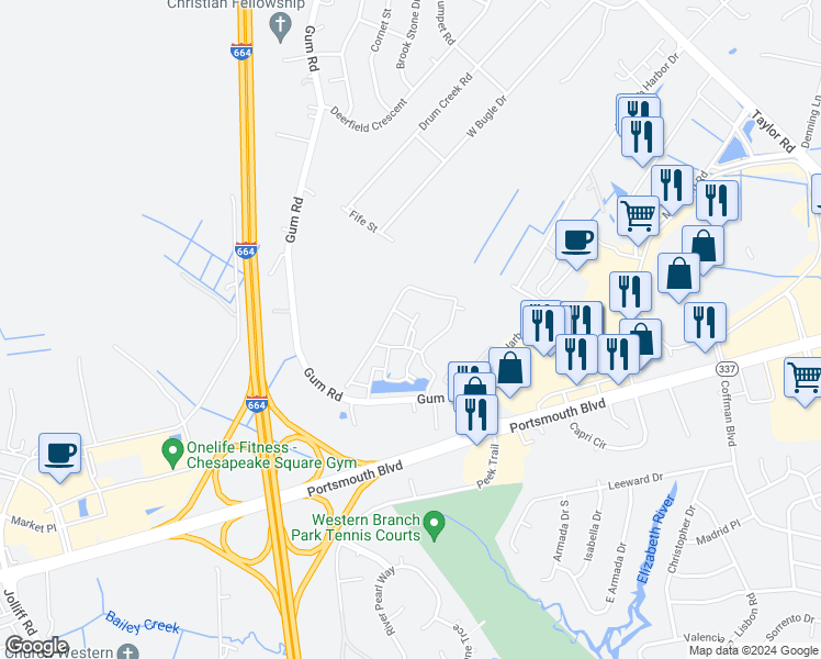 map of restaurants, bars, coffee shops, grocery stores, and more near Colindale Road in Chesapeake