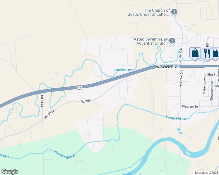 map of restaurants, bars, coffee shops, grocery stores, and more near 1165-1169 West Aztec Boulevard in Aztec
