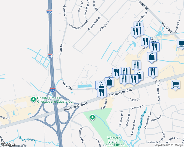 map of restaurants, bars, coffee shops, grocery stores, and more near 4301 Colindale Road in Chesapeake