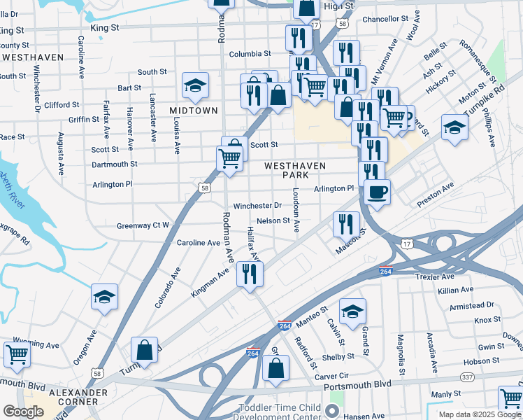 map of restaurants, bars, coffee shops, grocery stores, and more near 3509 Winchester Drive in Portsmouth