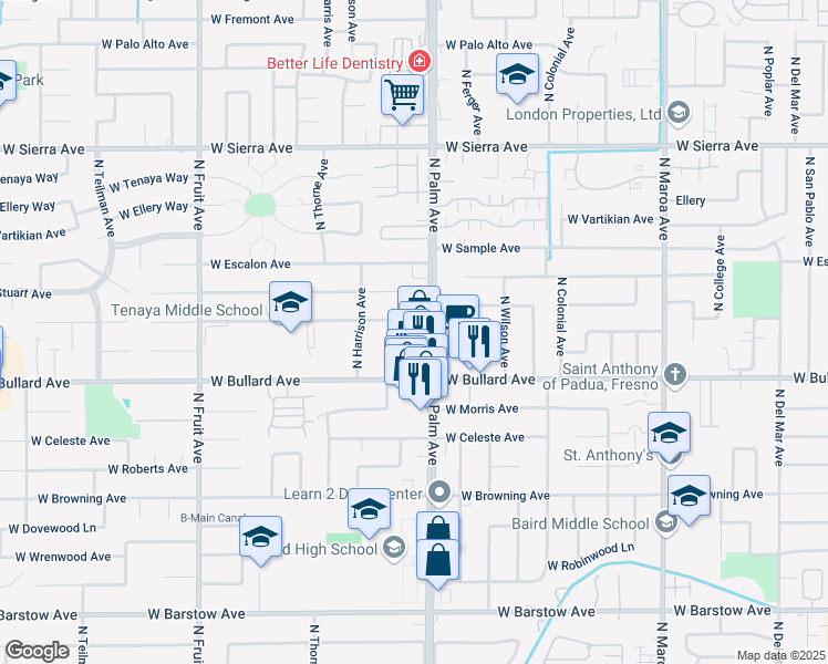 map of restaurants, bars, coffee shops, grocery stores, and more near 1025 West Mesa Avenue in Fresno