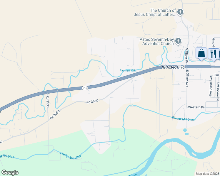 map of restaurants, bars, coffee shops, grocery stores, and more near 1165 West Aztec Boulevard in Aztec