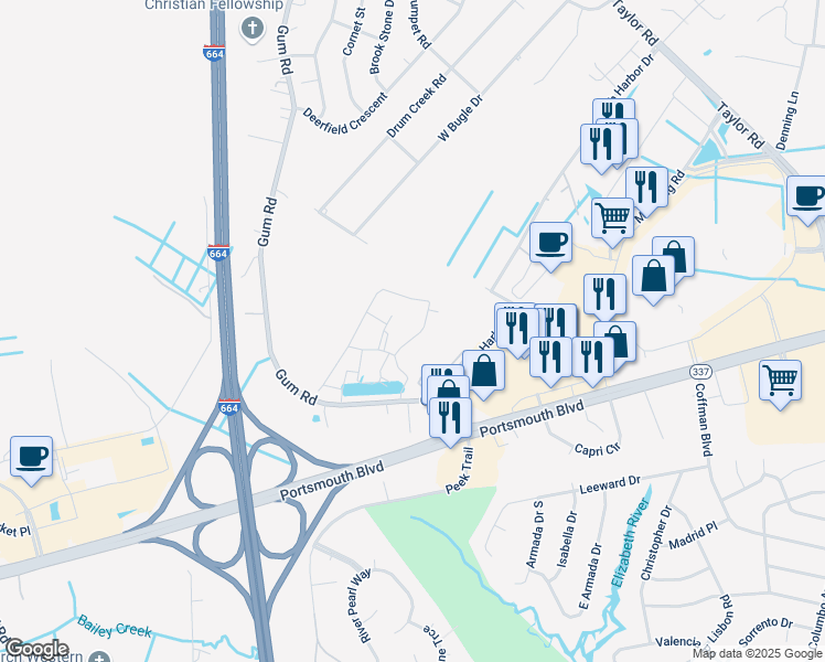 map of restaurants, bars, coffee shops, grocery stores, and more near 4334 Farringdon Way in Chesapeake