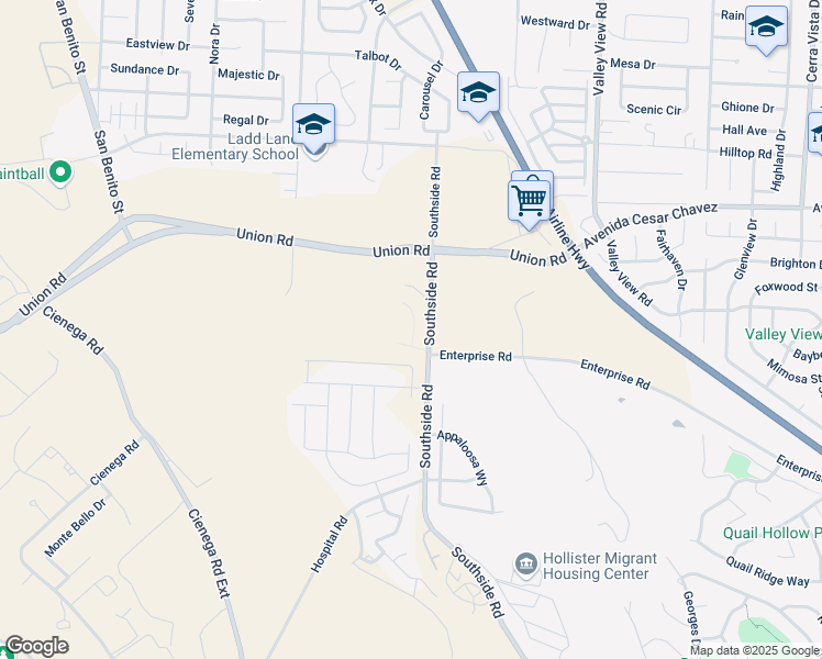 map of restaurants, bars, coffee shops, grocery stores, and more near 2740 Southside Road in Hollister