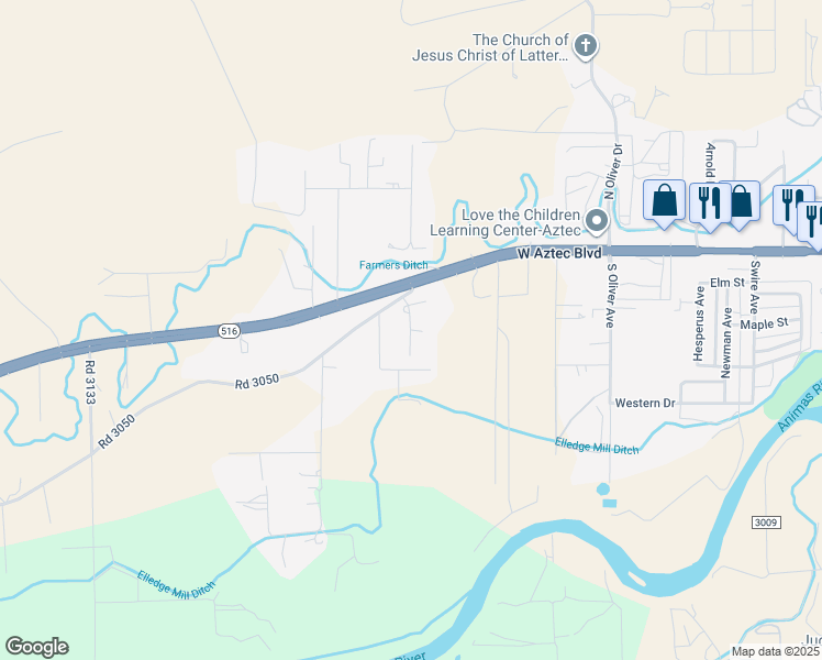 map of restaurants, bars, coffee shops, grocery stores, and more near 58 Road 3053 in Aztec