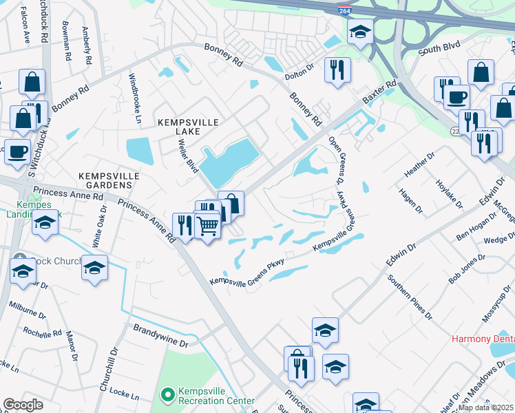 map of restaurants, bars, coffee shops, grocery stores, and more near 521 Mulligan Drive in Virginia Beach