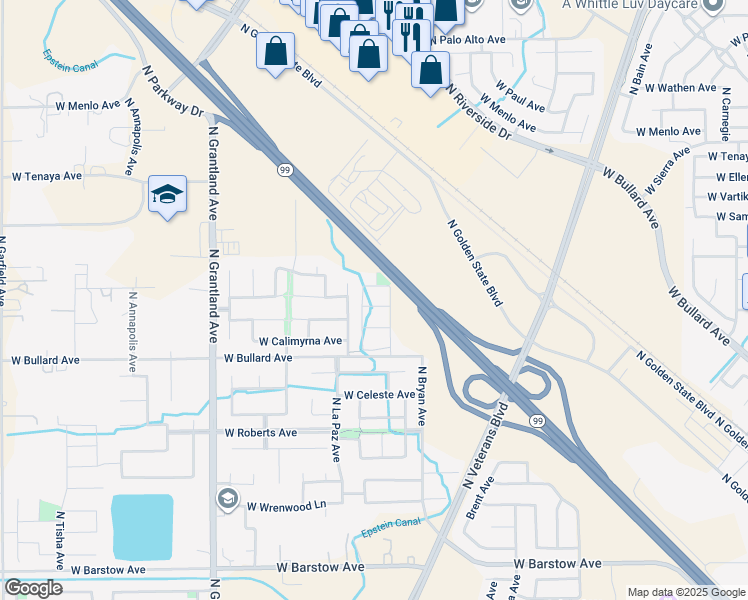 map of restaurants, bars, coffee shops, grocery stores, and more near 6620 West Stuart Avenue in Fresno