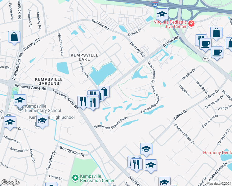 map of restaurants, bars, coffee shops, grocery stores, and more near 521 Mulligan Drive in Virginia Beach
