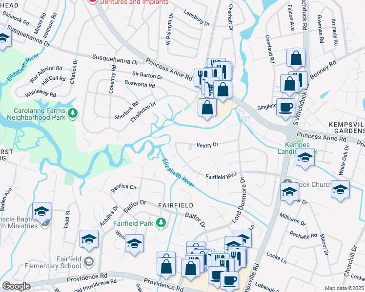 map of restaurants, bars, coffee shops, grocery stores, and more near 5295 Vestry Drive in Virginia Beach