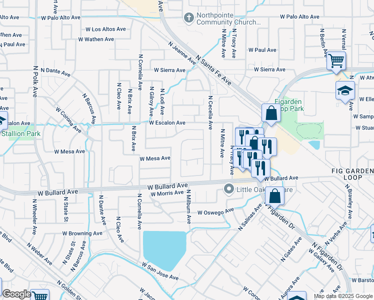 map of restaurants, bars, coffee shops, grocery stores, and more near 4640 West Polo Creek Court in Fresno