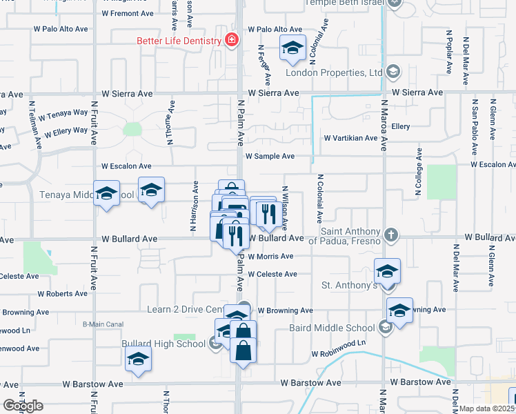 map of restaurants, bars, coffee shops, grocery stores, and more near 709 West Stuart Avenue in Fresno