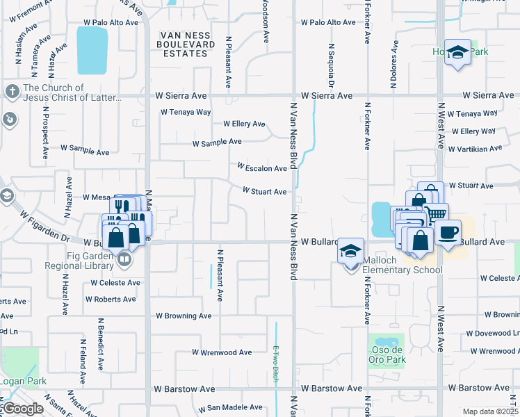 map of restaurants, bars, coffee shops, grocery stores, and more near 2507 West Stuart Avenue in Fresno