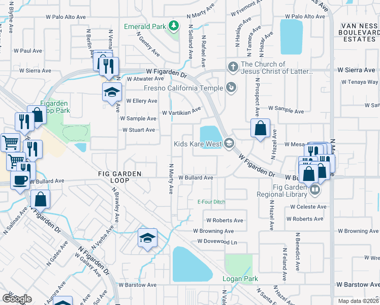 map of restaurants, bars, coffee shops, grocery stores, and more near 6136 North Selland Avenue in Fresno