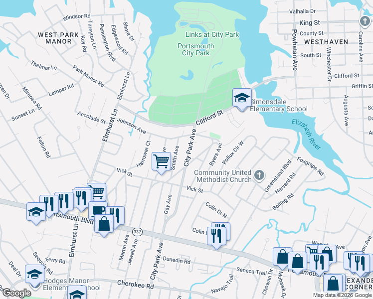 map of restaurants, bars, coffee shops, grocery stores, and more near 604 City Park Avenue in Portsmouth