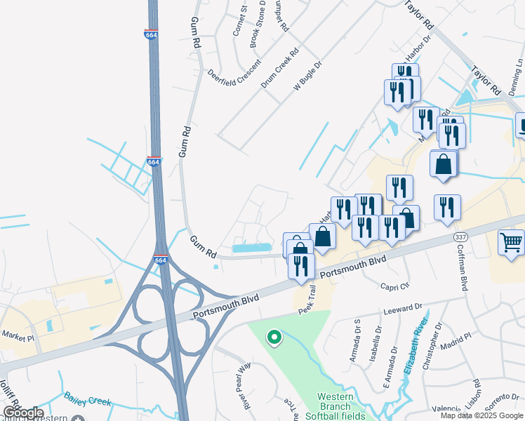 map of restaurants, bars, coffee shops, grocery stores, and more near 4301 Colindale Road in Chesapeake