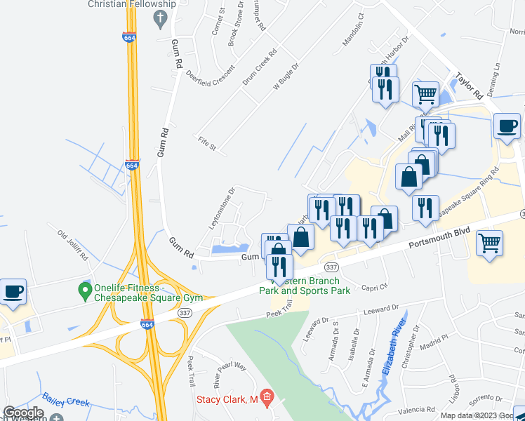 map of restaurants, bars, coffee shops, grocery stores, and more near Farringdon Way in Chesapeake