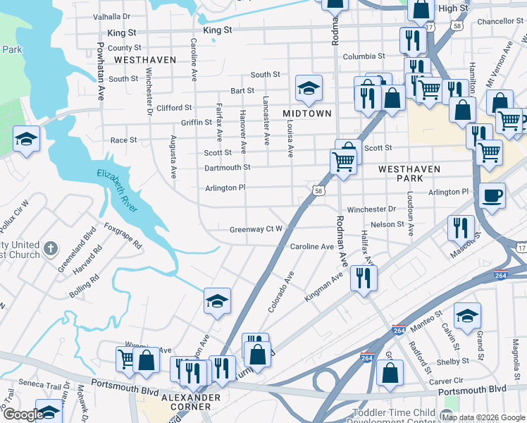 map of restaurants, bars, coffee shops, grocery stores, and more near 4011 Winchester Drive in Portsmouth
