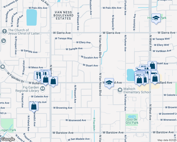 map of restaurants, bars, coffee shops, grocery stores, and more near 2507 West Stuart Avenue in Fresno
