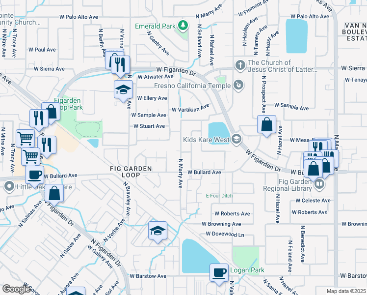 map of restaurants, bars, coffee shops, grocery stores, and more near 6098 North Marty Avenue in Fresno