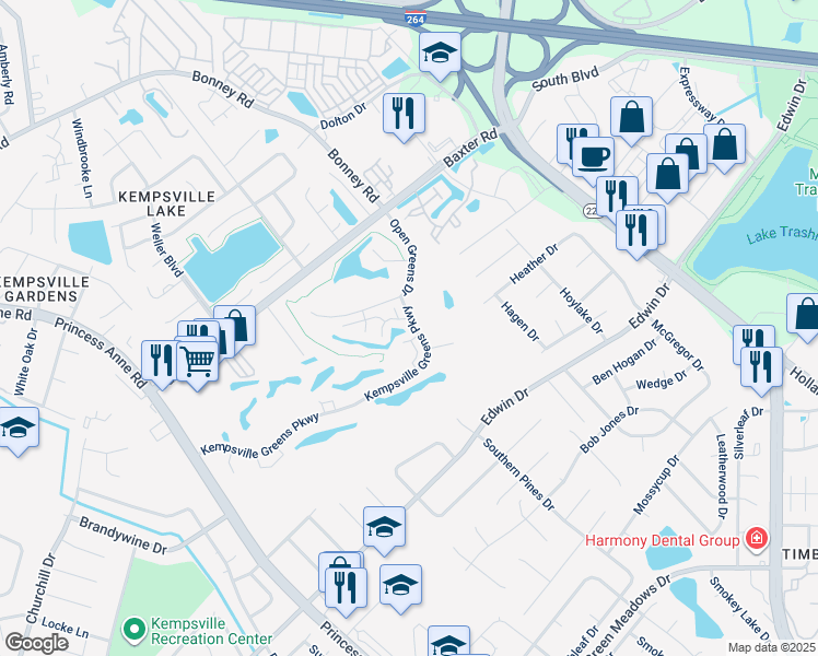 map of restaurants, bars, coffee shops, grocery stores, and more near 4718 Kempsville Greens Parkway in Virginia Beach
