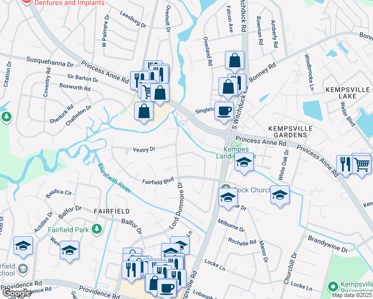 map of restaurants, bars, coffee shops, grocery stores, and more near 5220 Rolleston Drive in Virginia Beach