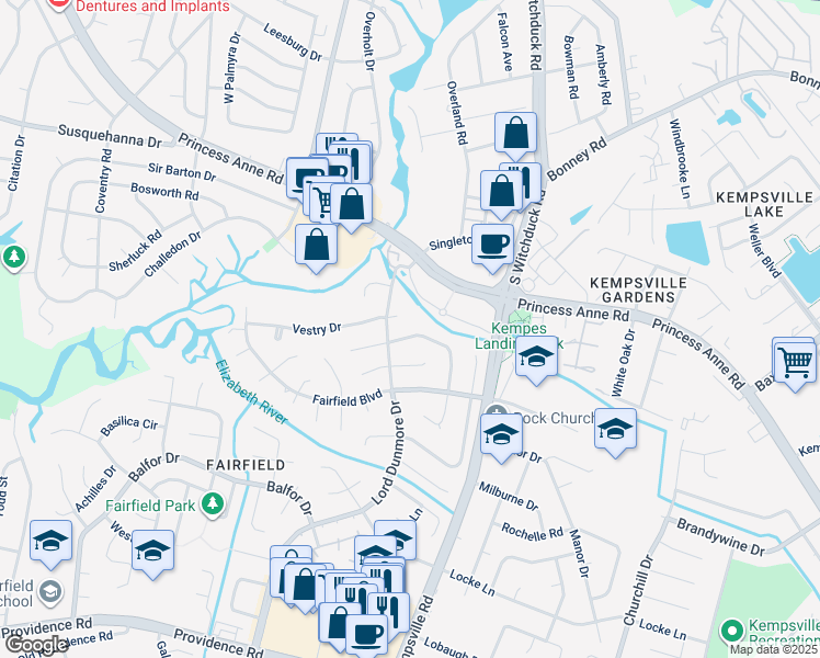 map of restaurants, bars, coffee shops, grocery stores, and more near 5220 Rolleston Drive in Virginia Beach
