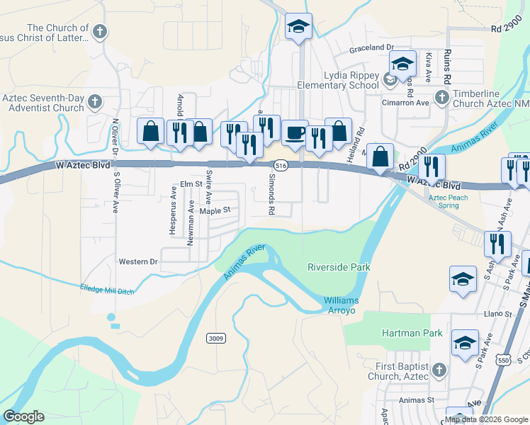 map of restaurants, bars, coffee shops, grocery stores, and more near 1509 Martin Avenue in Aztec