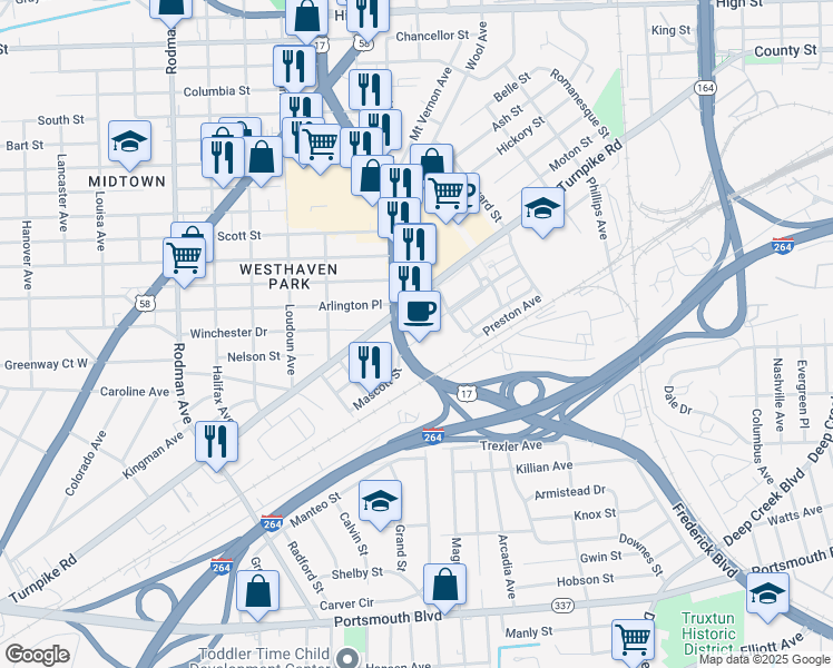 map of restaurants, bars, coffee shops, grocery stores, and more near 2-172 Wilson Pkwy in Portsmouth