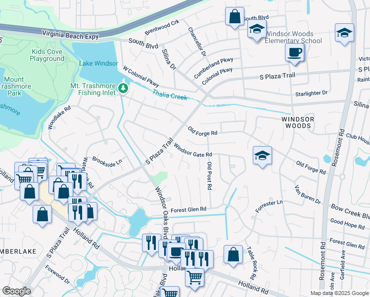 map of restaurants, bars, coffee shops, grocery stores, and more near 3868 Windsor Gate Road in Virginia Beach