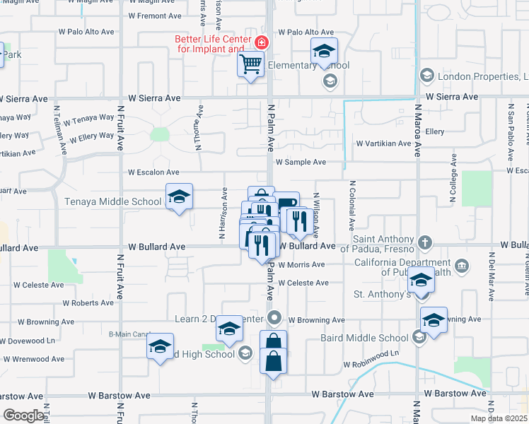 map of restaurants, bars, coffee shops, grocery stores, and more near 6087 North Palm Avenue in Fresno