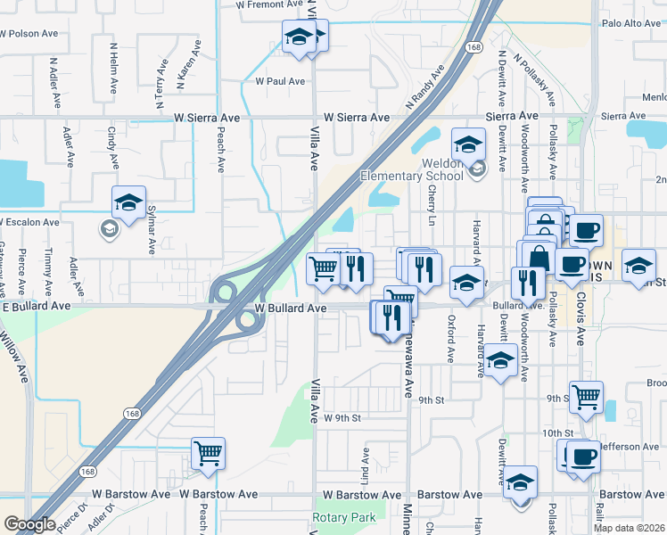 map of restaurants, bars, coffee shops, grocery stores, and more near 505 Villa Avenue in Clovis