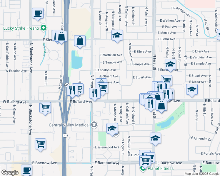 map of restaurants, bars, coffee shops, grocery stores, and more near 541 East Mesa Avenue in Fresno