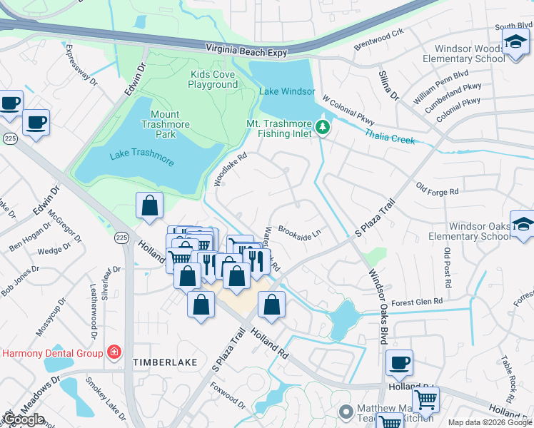 map of restaurants, bars, coffee shops, grocery stores, and more near 500 Pondview Circle in Virginia Beach