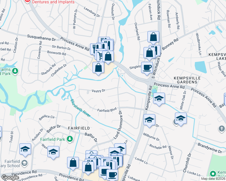 map of restaurants, bars, coffee shops, grocery stores, and more near 5254 Vestry Drive in Virginia Beach