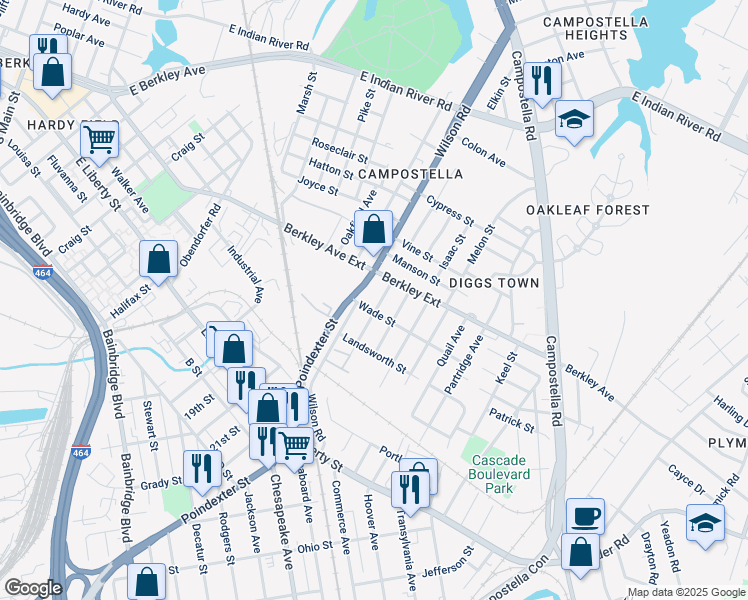 map of restaurants, bars, coffee shops, grocery stores, and more near 631 Wilson Road in Chesapeake