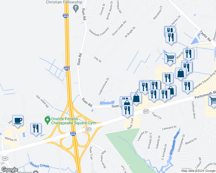map of restaurants, bars, coffee shops, grocery stores, and more near 2508 Leytonstone Drive in Chesapeake
