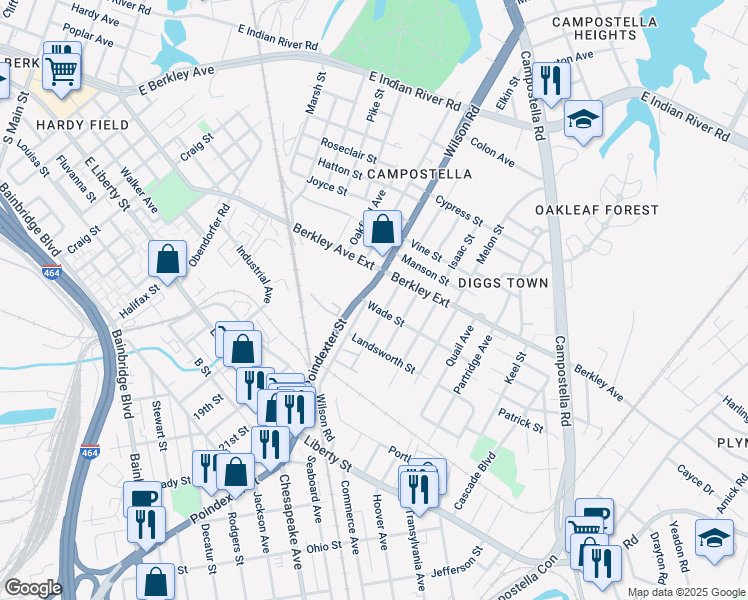 map of restaurants, bars, coffee shops, grocery stores, and more near 631 Wilson Road in Chesapeake