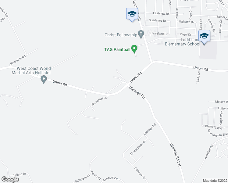 map of restaurants, bars, coffee shops, grocery stores, and more near 242 Union Road in Hollister